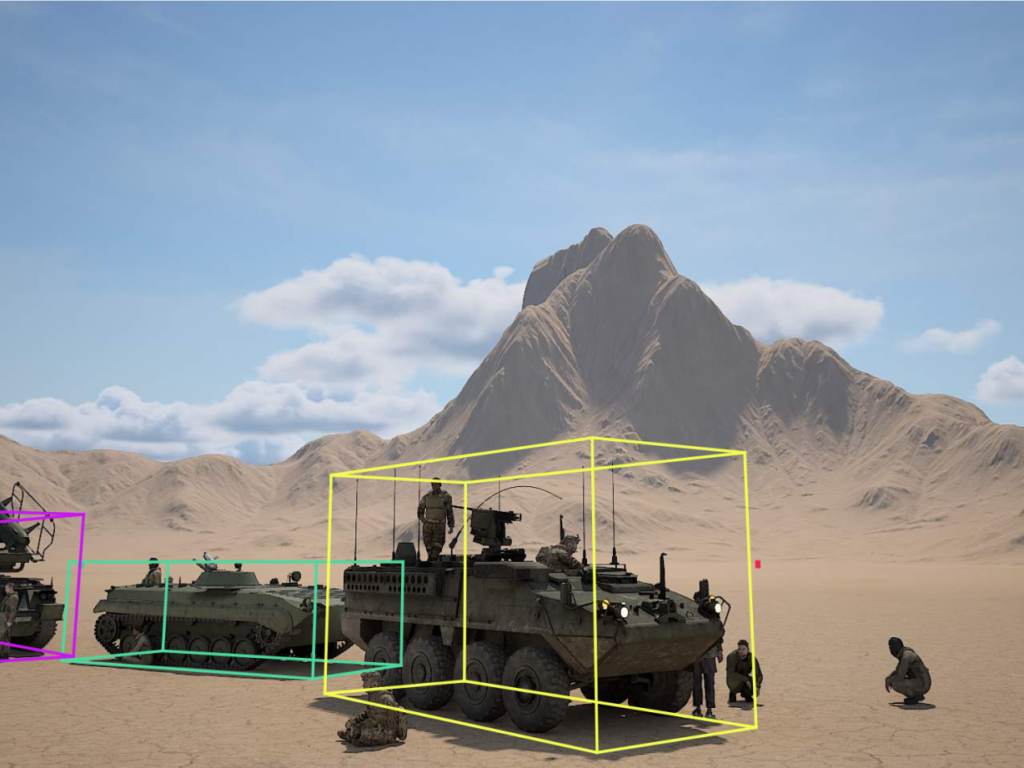 Synthetic image label: 3d boxes of tanks in the field