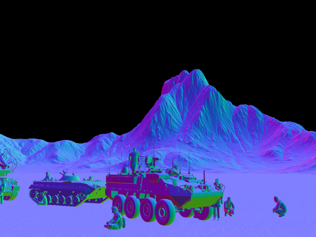 Synthetic image label: normals of tanks in the field