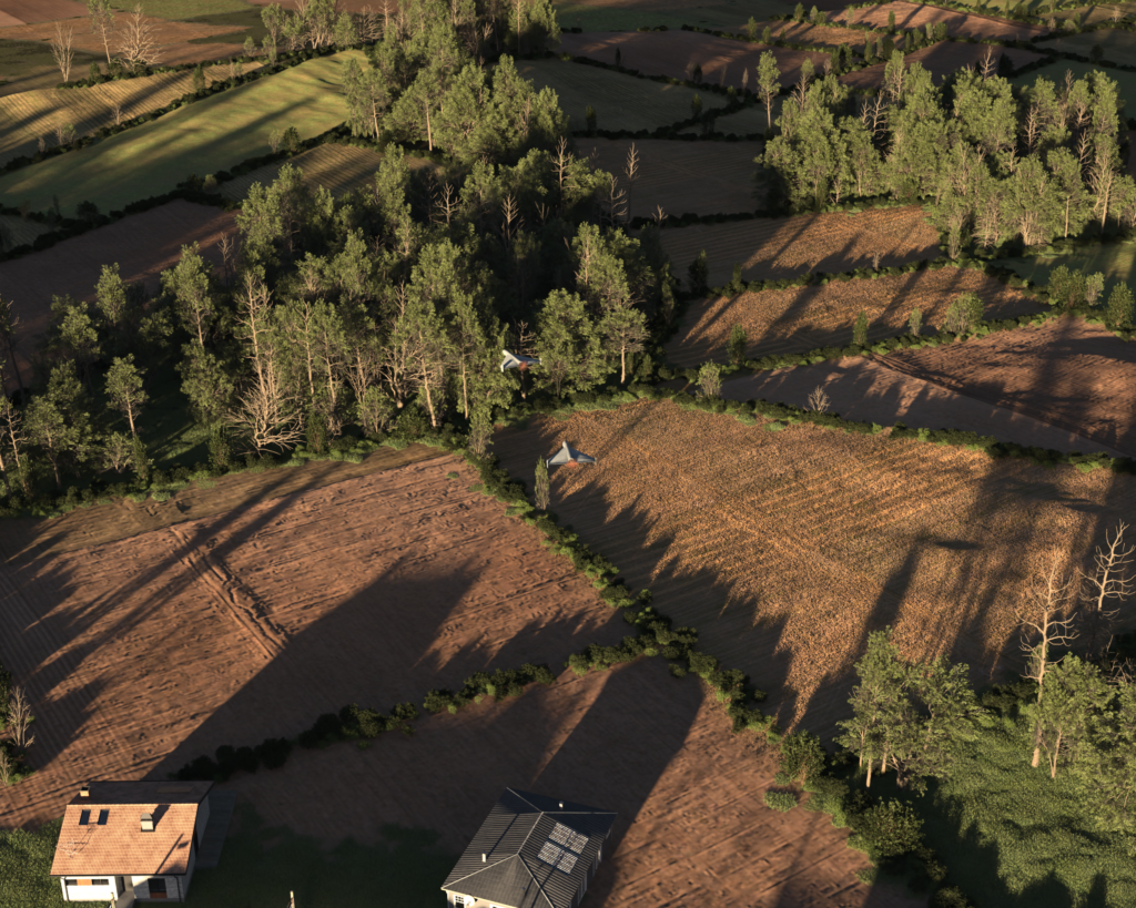 synthetic image of a drone flying over fields ideal fro training detection cv model