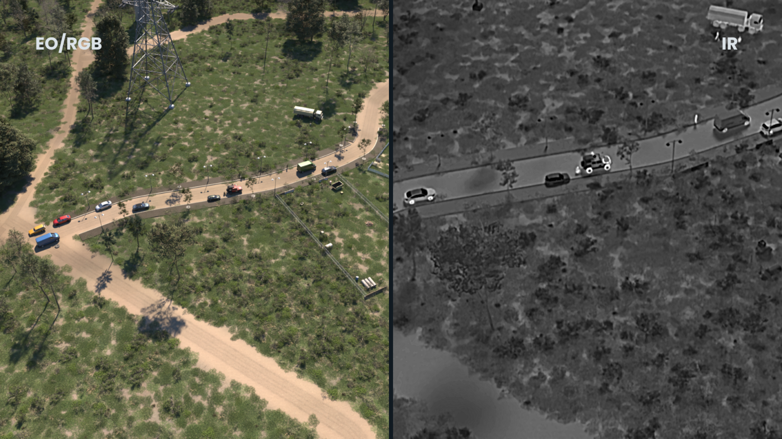 Synthetic EO and thermal images of the same military vehicle scene, same timestamp